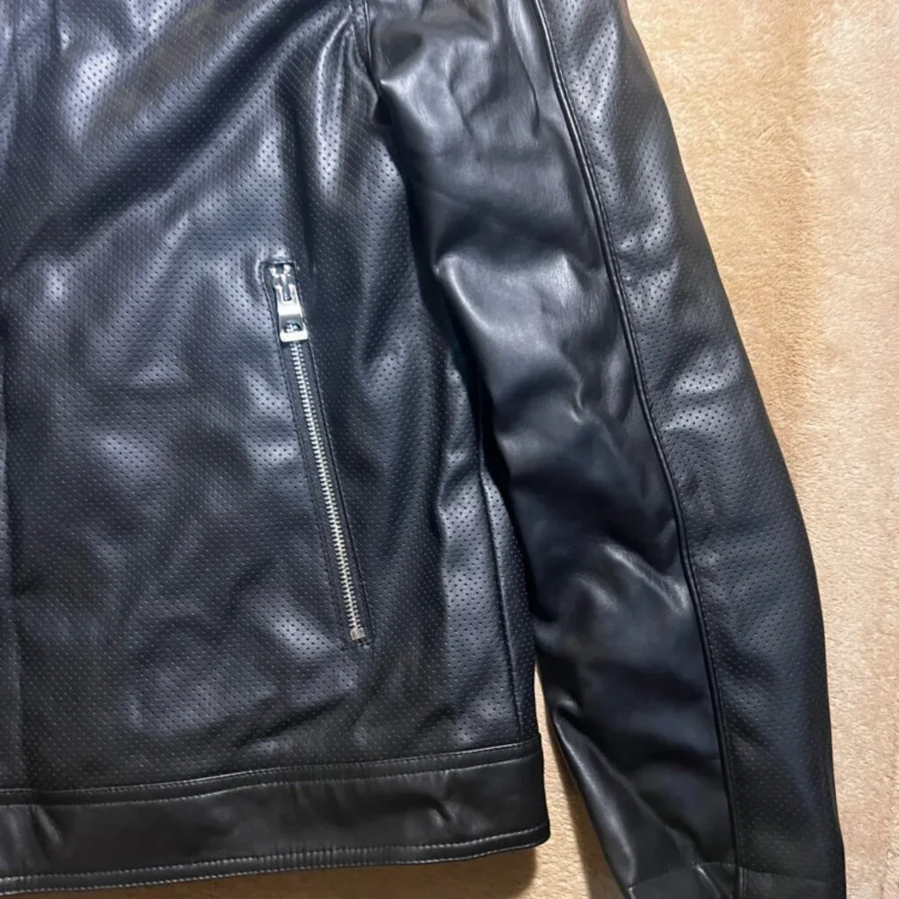 NWT Guess Women XL LS‎ Beau Perforated Jet Black Full Zip Faux Leather Jacket